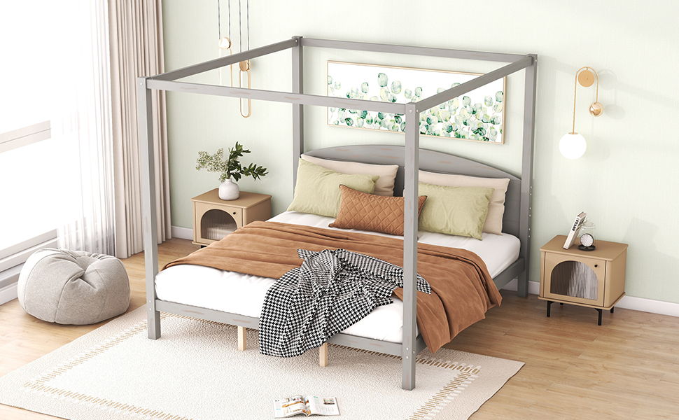 King Size Canopy Platform Bed With Headboard And Support Legs, Gray Wash