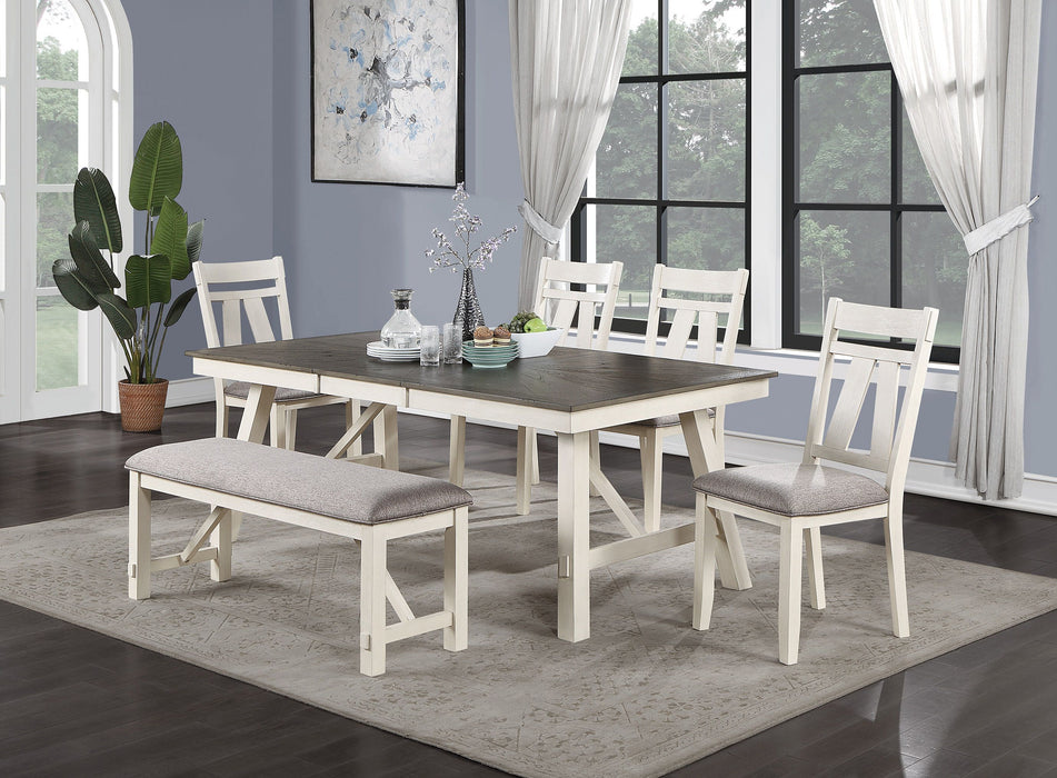 Dining Room Furniture 6 Pieces Dining Set Table Leaf And 4 Side Chairs 1X Bench Gray Fabric Cushion Seat White Clean Lines Wooden Table Top