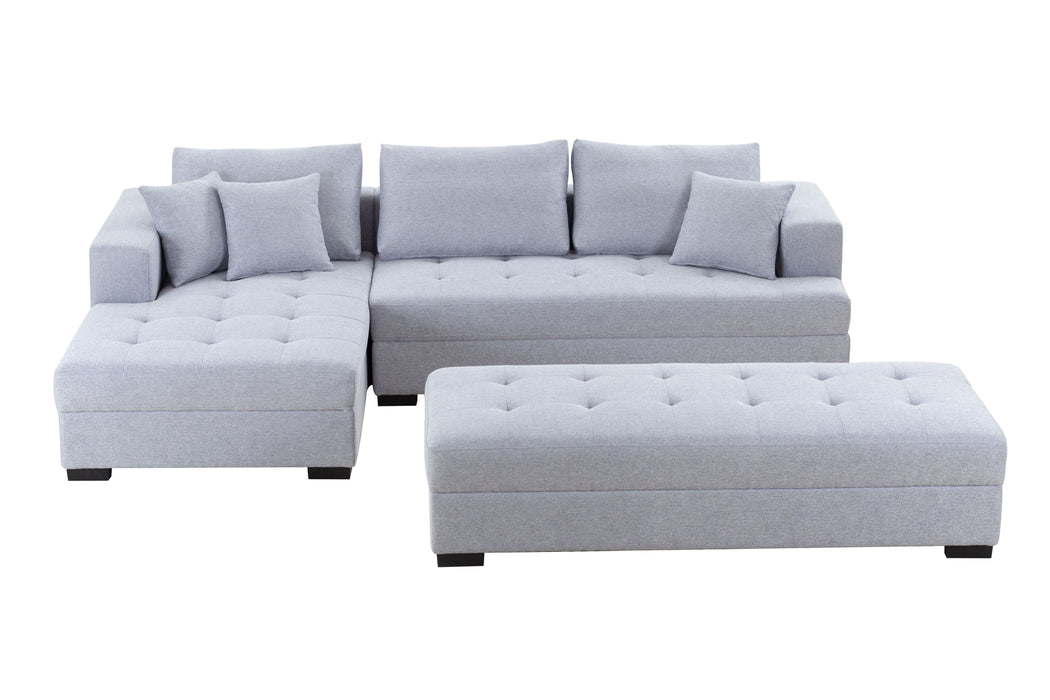 Tufted Fabric 3-Seat L-Shape Sectional Sofa Couch Set With Chaise Lounge, Ottoman Coffee Table Bench, Light Gray