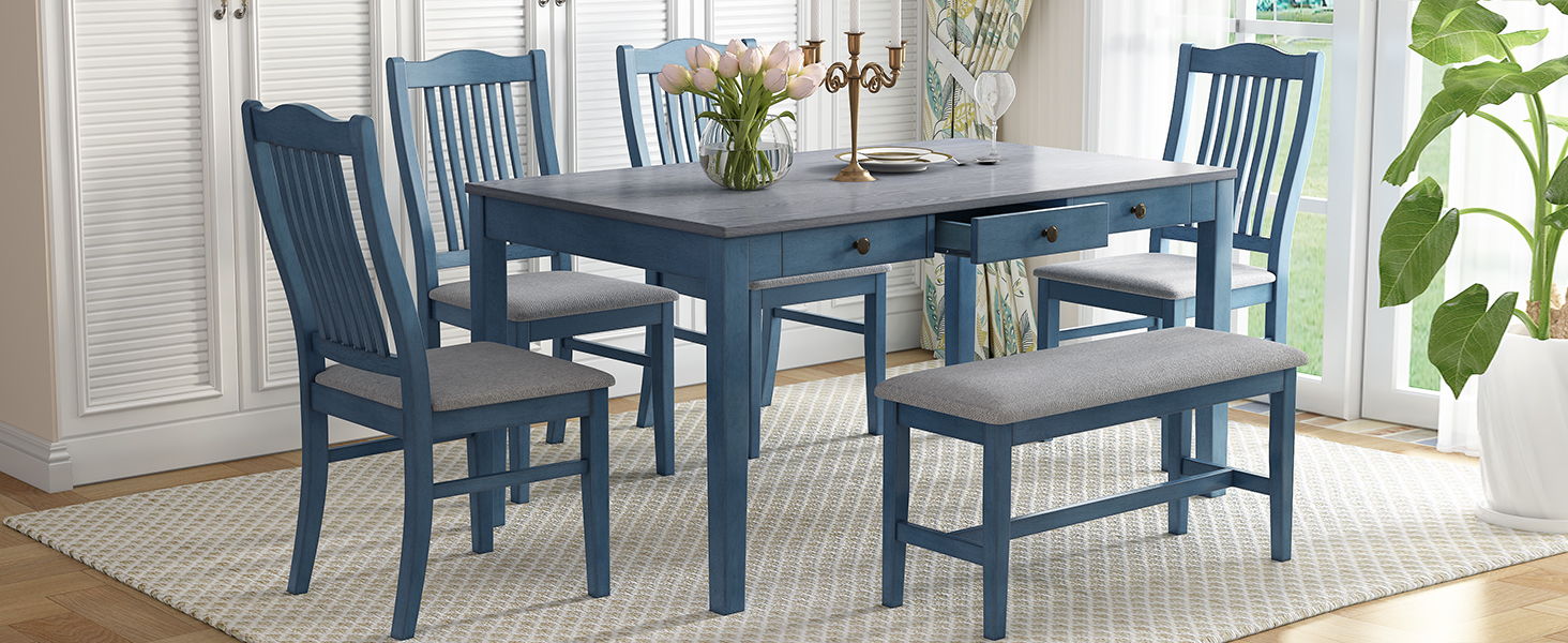 Top max Mid-Century 6 Piece Wood Dining Table Set, Kitchen Table Set With Drawer, Upholstered Chairs And Bench, Antique Blue