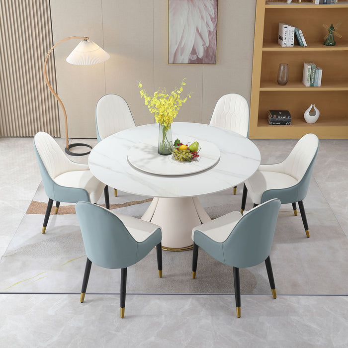 Modern Sintered Stone Dining Table With Round Turntable With Wood And Metal Exquisite Pedestal With 8 Pieces Chairs