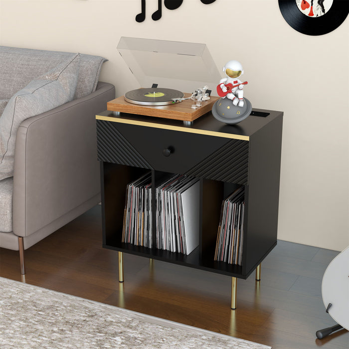 One Drawer Record Rack With Three Open Compartments And USB Interface, Black