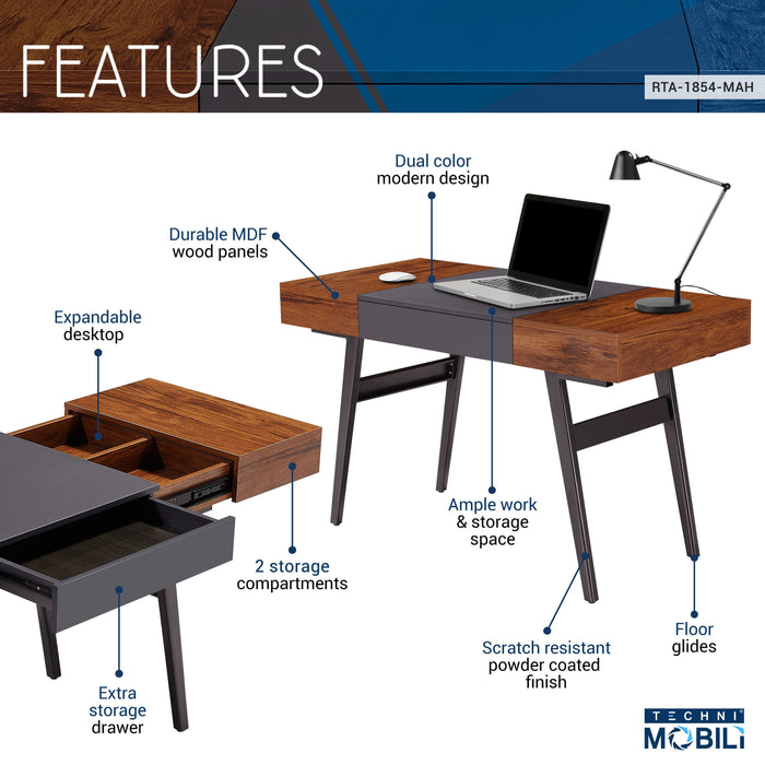Techni Mobili Writing Desk Dual Side & Pull Out Front Drawer Coated Gray Steel Frame Mahogany