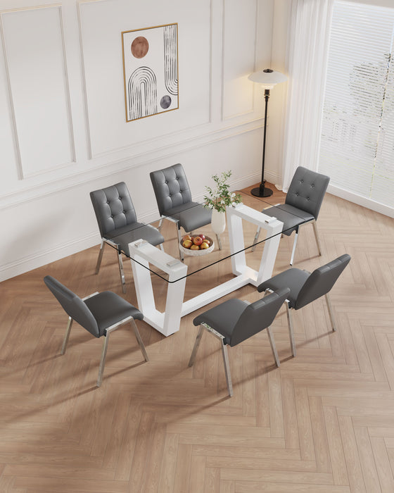 Table And Chair Set Equipped With Tempered Glass Tabletop And White MDF Trapezoidal Support, Paired With Lattice Armless High Back Dining Chairs (1 Table And 6 Chairs) - White