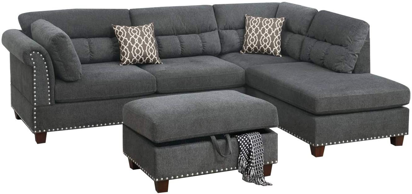 Sectional Sofa Slate Color Velvet Fabric Reversible Chaise Sofa Sectional Pillows Cocktail Storage Ottoman 3 Pieces Set