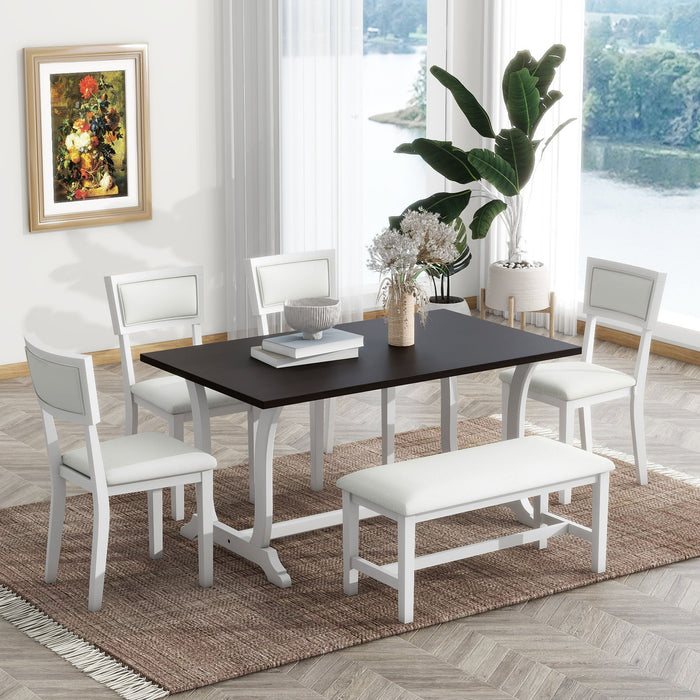 Topmax Farmhouse 6 Piece Trestle Dining Table Set With Upholstered Dining Chairs And Bench, White