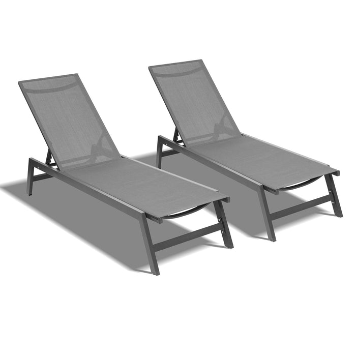 Outdoor (Set of 2) Chaise Lounge Chairs, Five - Position Adjustable Aluminum Recliner, All Weather For Patio, Beach, Yard, Pool - Gray