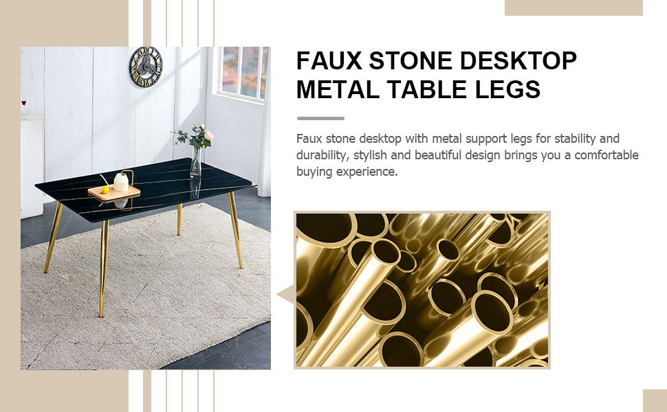 Modern Minimalist Rectangular Black Imitation Marble Dining Table, 0.4" Thick, Gold Color Metal Legs, Suitable For Kitchen, Dining Room, And Living Room
