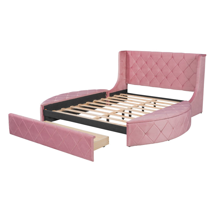 Upholstered Platform Bed Queen Size Storage Velvet Bed With Wingback Headboard And 1 Big Drawer, 2 Side Storage Stool (Pink)
