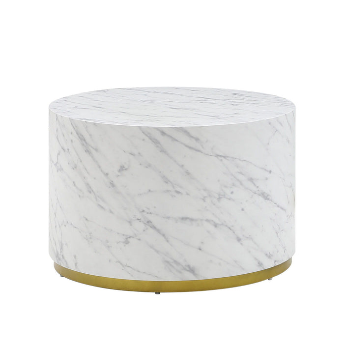 White Marble Pattern Cocktail Table Mdf With Gold Metal Base 23.62 Inch