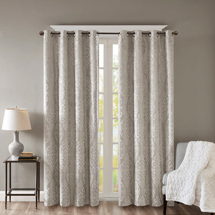 Knitted Jacquard Damask Total Blackout Grommet Top Curtain Panel - Silver