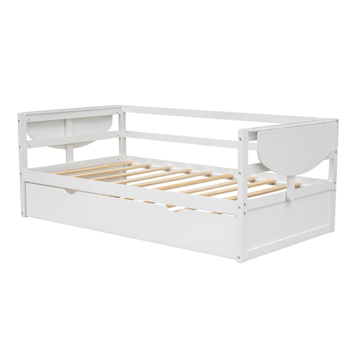 Twin Size Daybed With Trundle And Foldable Shelves On Both Sides, White