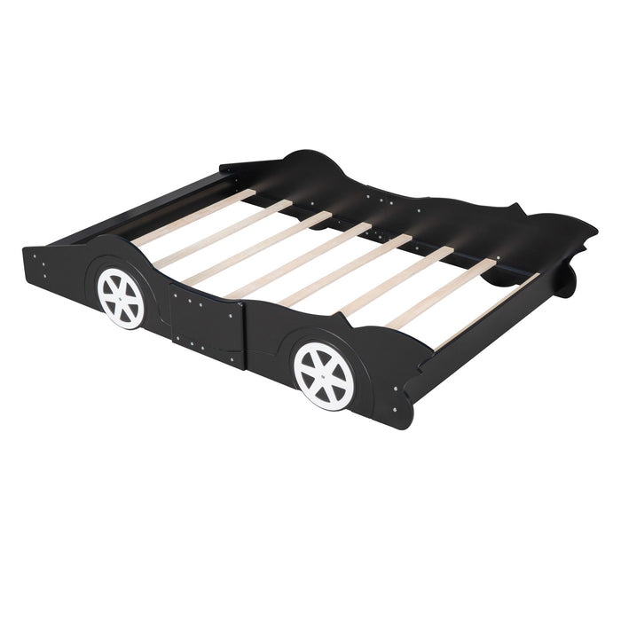 Full Size Race Car-Shaped Platform Bed With Wheels, Black