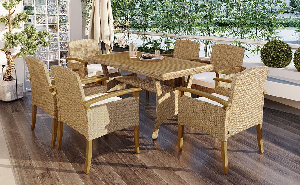 Top max Outdoor Patio 7 Piece Dining Table Set All Weather Pe Rattan Dining Set With Wood TableTop And Cushions For 6, White