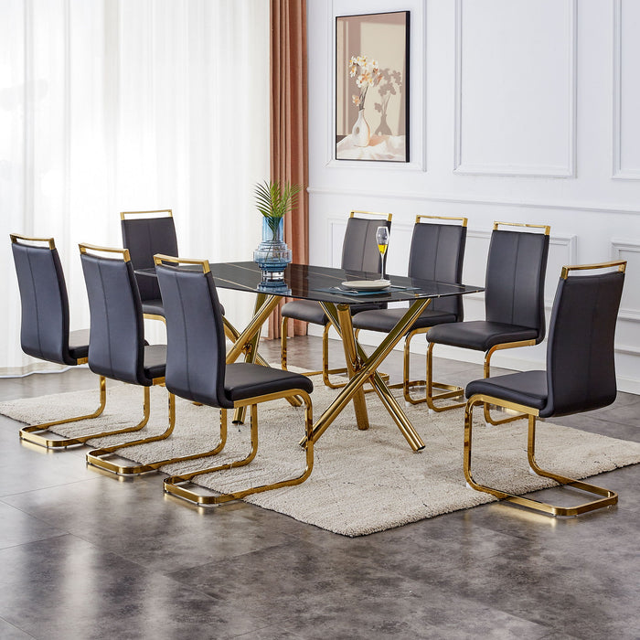 Large Modern Minimalist Rectangular Glass Dining Table Fibertempering Glass Imitation Marble Black Desktop And Golden Metal Legs, For Kitchen Dining Living Meeting Room Banquet Hal