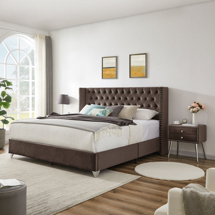 B100S King Bed With One Nightstand, Button Designed Headboard, Strong Wooden Slats And Metal Legs With Electroplate - Brown