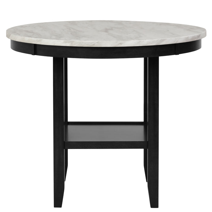 Transitional 5 Pieces Round Counter Height Dining Table Set, White Faux Marble Upholstered Black Fabric Dining Room Wooden Furniture
