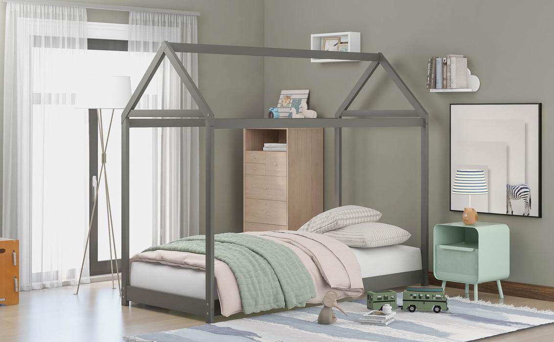 Twin Size Wooden House Bed - Gray
