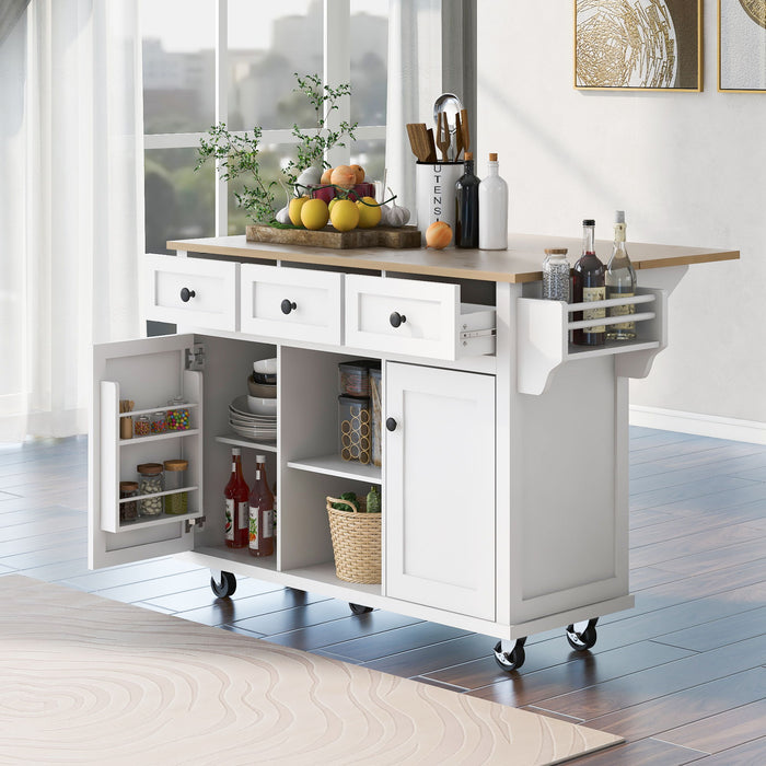 Kitchen Cart With Rubber Wood Drop - Leaf Countertop, Cabinet Door Internal Storage Racks, Kitchen Island On 5 Wheels With Storage Cabinet And 3 Drawers For Dinning Room, White