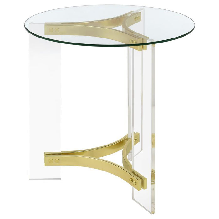 Janessa - Round Glass Top End Table With Acrylic Legs - Clear And Matte Brass