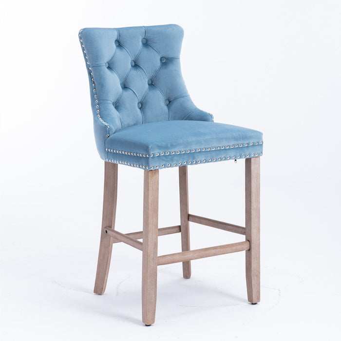 Contemporary Velvet Upholstered Barstools With Button Tufted Decoration And Wooden Legs, And Chrome Nailhead Trim, Leisure Style Bar Chairs, Bar Stools, (Set of 2) (Light Blue), 1902Lb