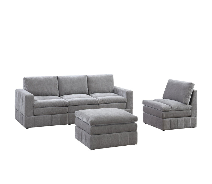 Contemporary 5 Piece Set Modular Sectional Set 2 One Arm Chair / Wedge 2 Armless Chair 1 Ottoman Granite Color Morgan Fabric Plush Living Room Furniture