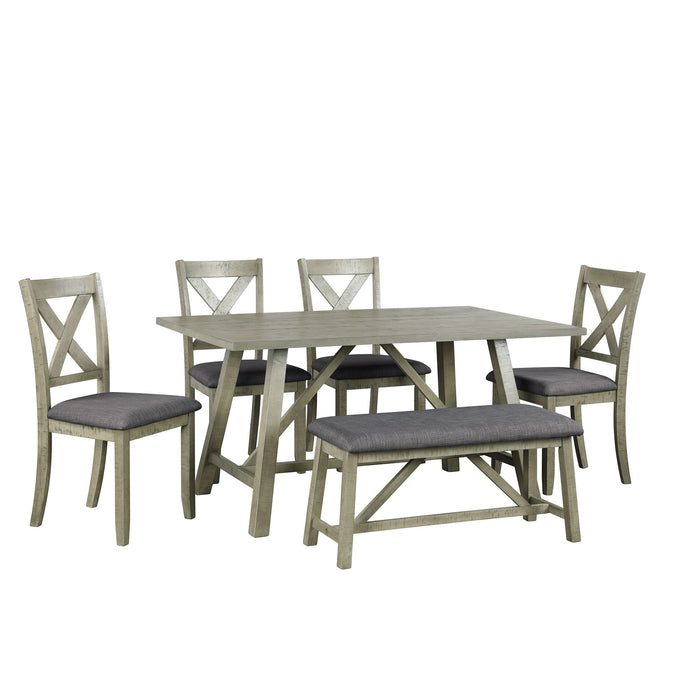 Topmax 6 Piece Dining Table Set Wood Dining Table And Chair Kitchen Table Set With Table, Bench And 4 Chairs, Rustic Style, Gray
