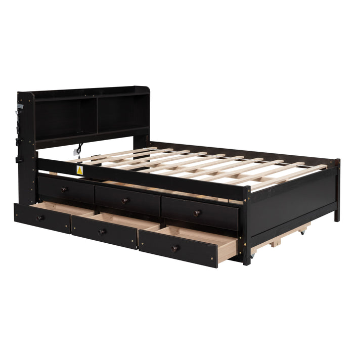 Full Size Bed With USB & Type-C Ports, LED Light, Bookcase Headboard, Trundle And 3 Storage Drawers, Full Size Size Bed With Bookcase Headboard, Trundle And Storage Drawers, Espresso
