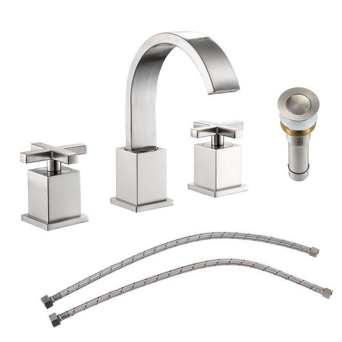 2 Handle Widespread Bathroom Faucet 3 Hole, With Pop Up Drain And 2 Water Supply Lines, Matte Black - Brushed Nickel