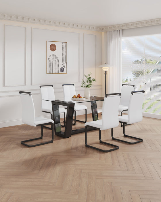 Table And Chair Set, 1 Table With 4 White Chairs. 0.4" Tempered Glass Desktop And Black MDF, PU Artificial Leather High Backrest Cushion Side Chair, C - Shaped Tube Black Coated Metal Legs