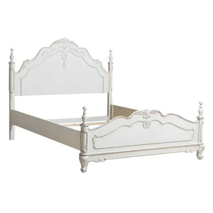 Victorian Style Antique White Queen Bed 1 Piece Traditional Bedroom Furniture Floral Motif Carving Classic Look Posts