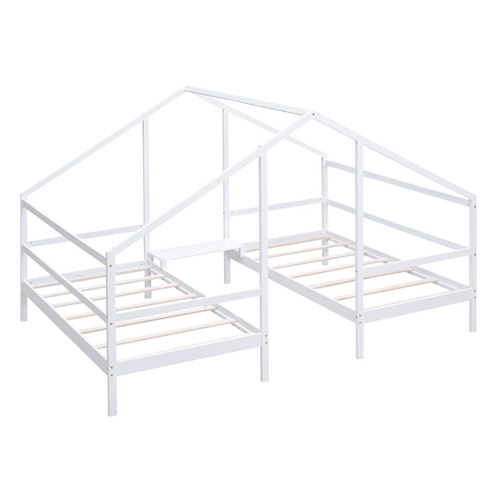 Double Twin Size Triangular House Beds With Built - In Table, White