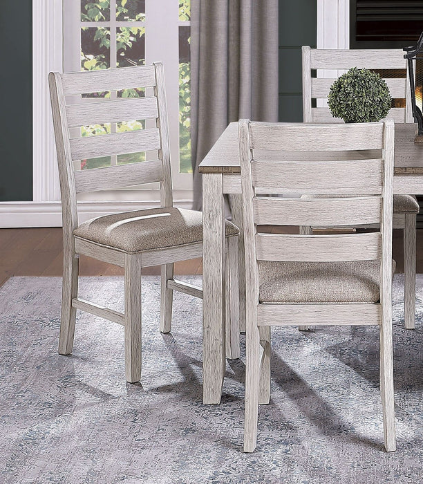 Grayish White And Brown Finish Casual Dining Room Furniture 8 Pieces Dining Set Rectangular Wooden Table And 6 Side Chairs Fabric Upholstered Seat