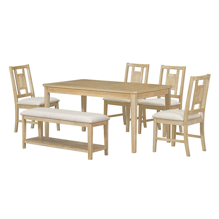 Trexm 6 Piece Retro Dining Set, Minimalist Dining Table And 4 Upholstered Chairs & 1 Bench With A Shelf For Dining Room (Natural Wood Wash)