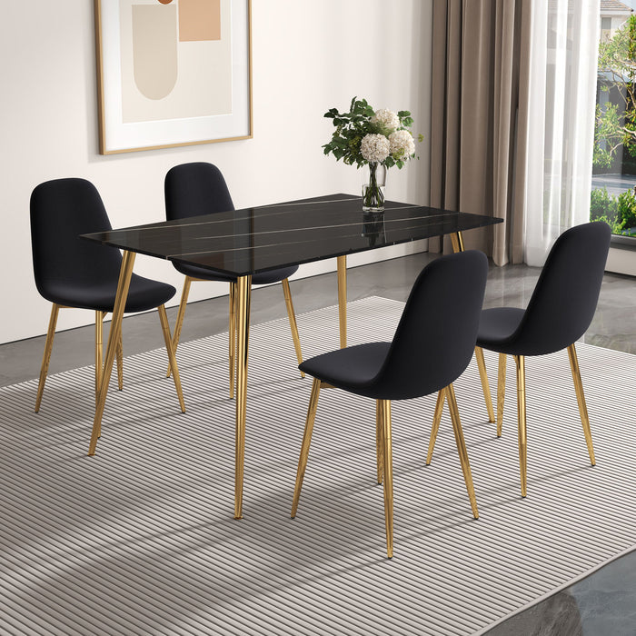 A (Set of 4) Dining Chairs And A Dining Table, Featuring Modern Medieval Style Restaurant Cushioned Side Chairs, Equipped With Soft Velvet Fabric Cushions And Spoon Shaped Golden Metal Legs