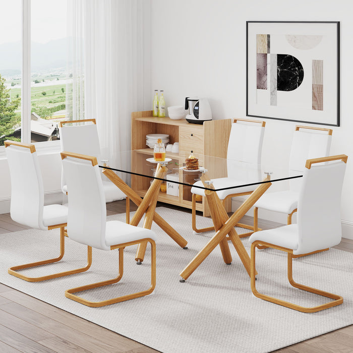 1 Table And 6 Chairs Glass Dining Table With Tempered Glass Tabletop And Wooden Metal Legs White PU Leather High Backrest Soft Padded Side Chair With Wooden Color C Shaped Tube Chrome Metal Leg