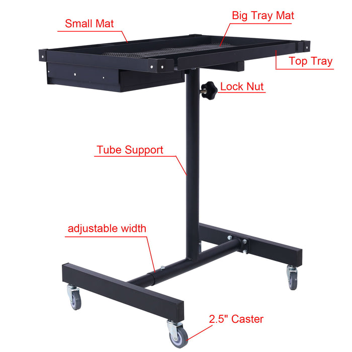 Adjustable Tear Down Work Table With Drawer For Garages, Repair Shops, And Diy, Portable, (4) 2.5" Swivel Casters, 220 Pound Capacity, Rubber Corners, Heavy Duty Steel, Black