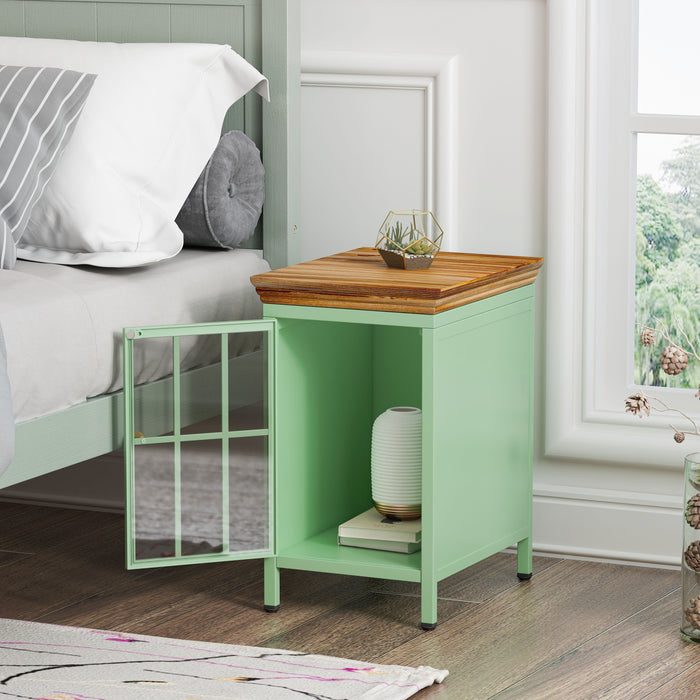 Nightstand With Storage Cabinet & Solid Wood Tabletop, Bedside Table, Sofa Side Coffee Table For Bedroom, Living Room, Green (Set Of Two Pieces)