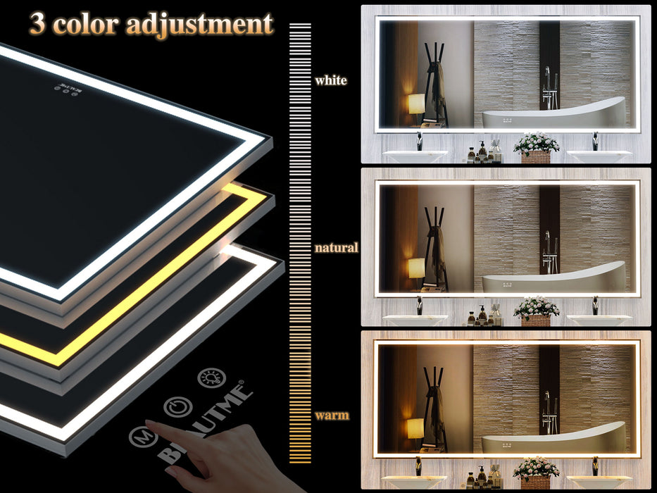 Oversized Led Bathroom Mirror Wall Mounted Mirror With 3 Color Modes Aluminum Frame Wall Mirror Large Full Length Mirror With Lights Lighted Full Body Mirror, Silver