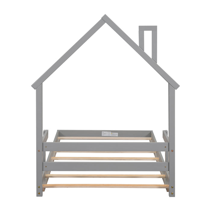 Twin House - Shaped Headboard Floor Bed With Handrails, Slats, Grey
