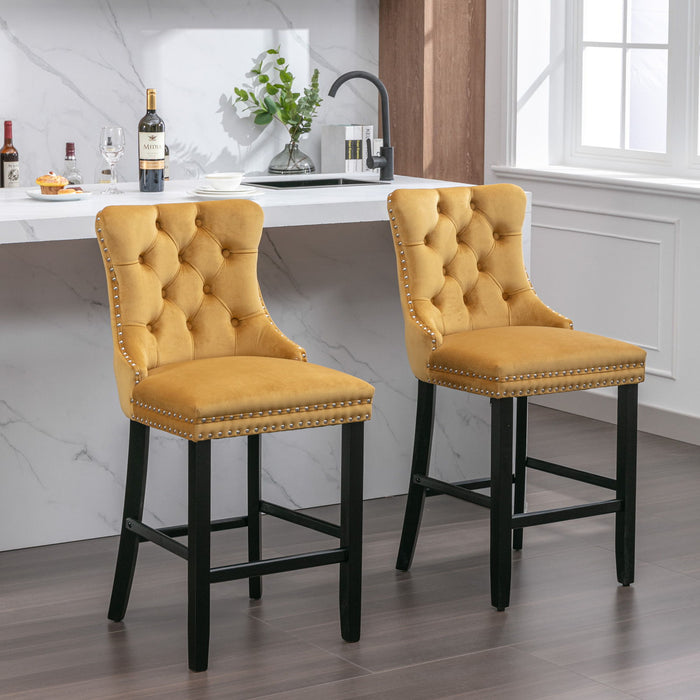 Contemporary Velvet Upholstered Barstools With Button Tufted Decoration And Wooden Legs, And Chrome Nailhead Trim, Leisure Style Bar Chairs, Bar Stools, (Set of 2) (Gold) 1902Gl
