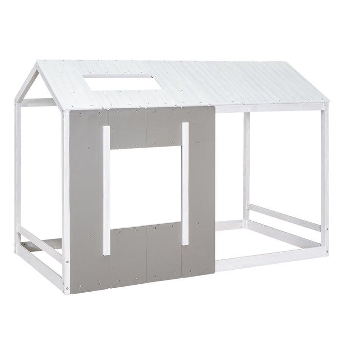 Twin Size House Platform With Roof And Window, White / Antique Grey