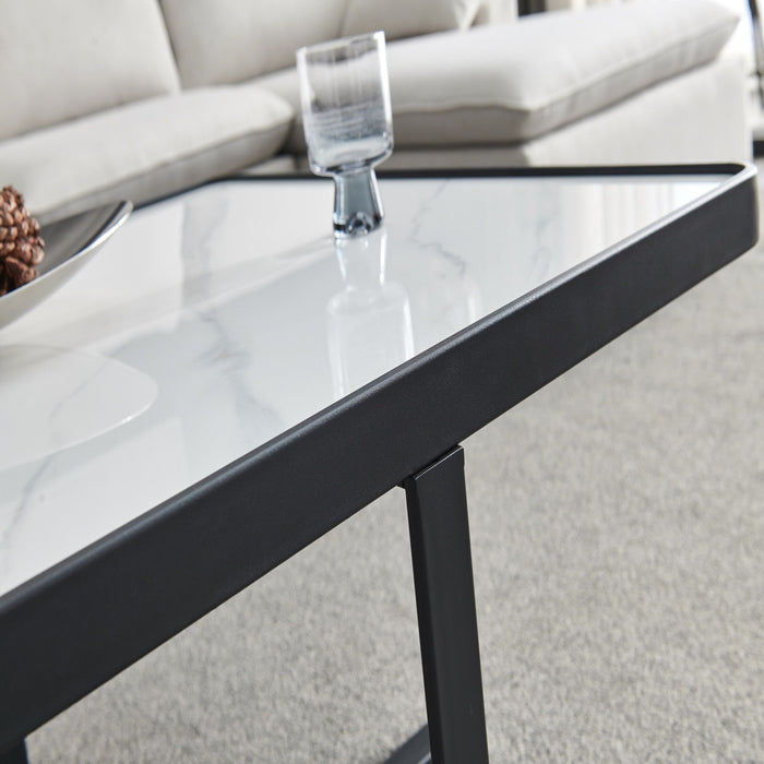 Minimalism Square Coffee Table - Black Metal Frame With Sintered Stone Tabletop