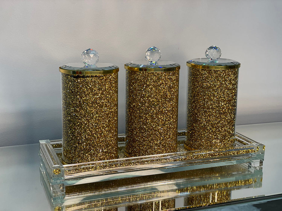 Ambrose Exquisite Three Glass Canister With Tray In Gift Box - Gold
