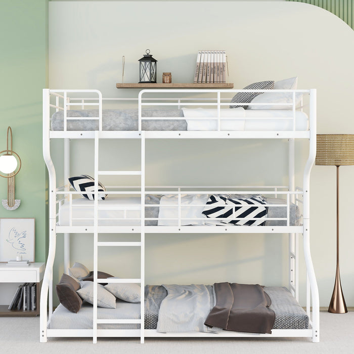 Full Long Over Twin Long Over Queen Size Triple Bunk Bed With Long And Short Ladder, White