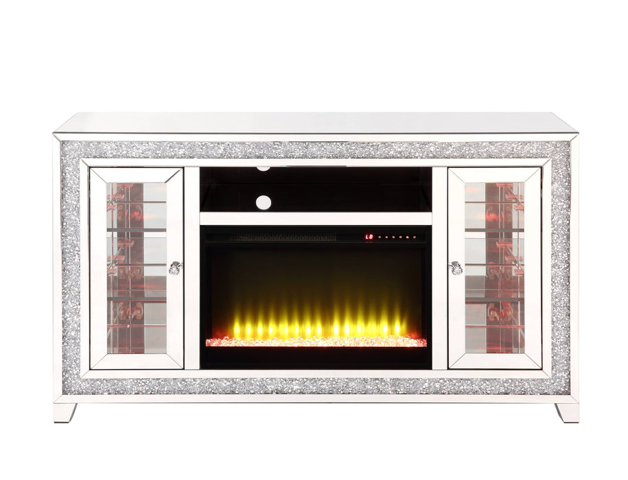 Acme Noralie TV Stand With Fireplace, Led Mirrored And Faux Diamonds