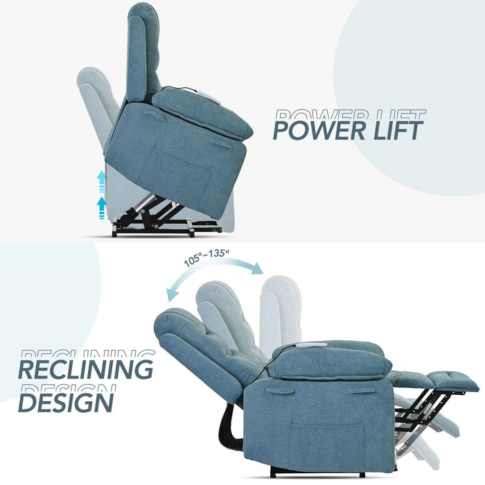Massage Recliner, Power Lift Chair For Elderly With Adjustable Massage And Heating Function, Recliner Chair With Infinite Position And Side Pocket For Living Room - Blue