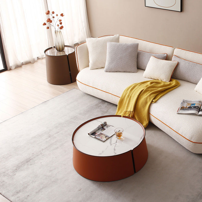 31.5 Inch Coffee Table, Marble Top + Orange Saddle Leather Body + Iron Frame