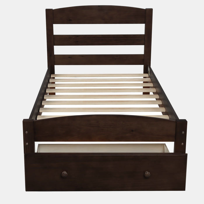 Platform Twin Bed Frame With Storage Drawer And Wood Slat Support No Box Spring Needed, Espresso