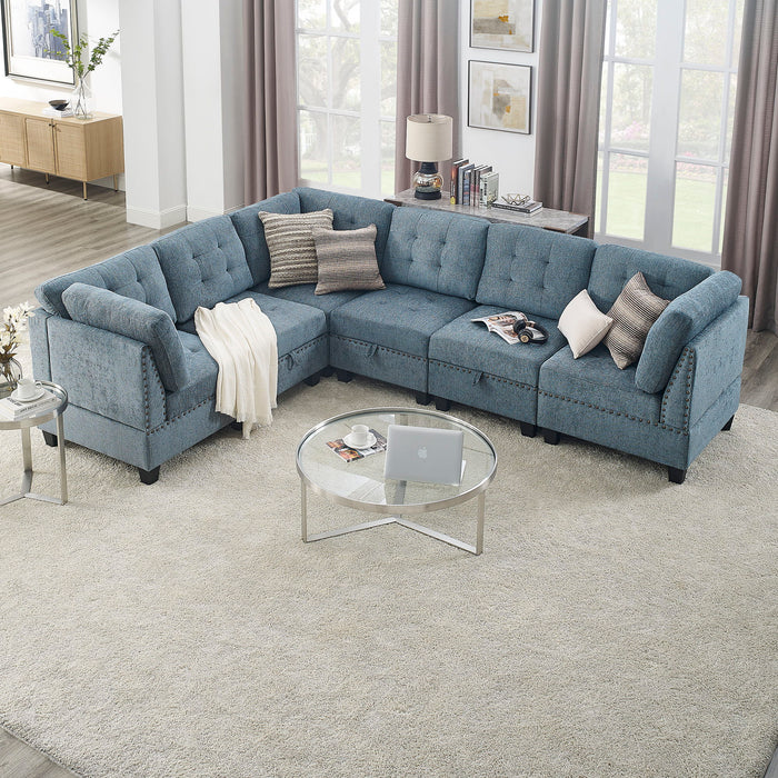 L-Shape Modular Sectional Sofa, Diy Combination, Includes Three Single Chair And Three Corner, Navy Chenille